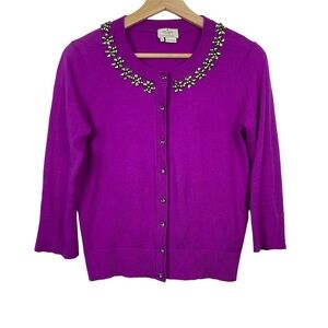 KATE SPADE Embellished Button Front Cotton Cardigan, Purple, Size Small